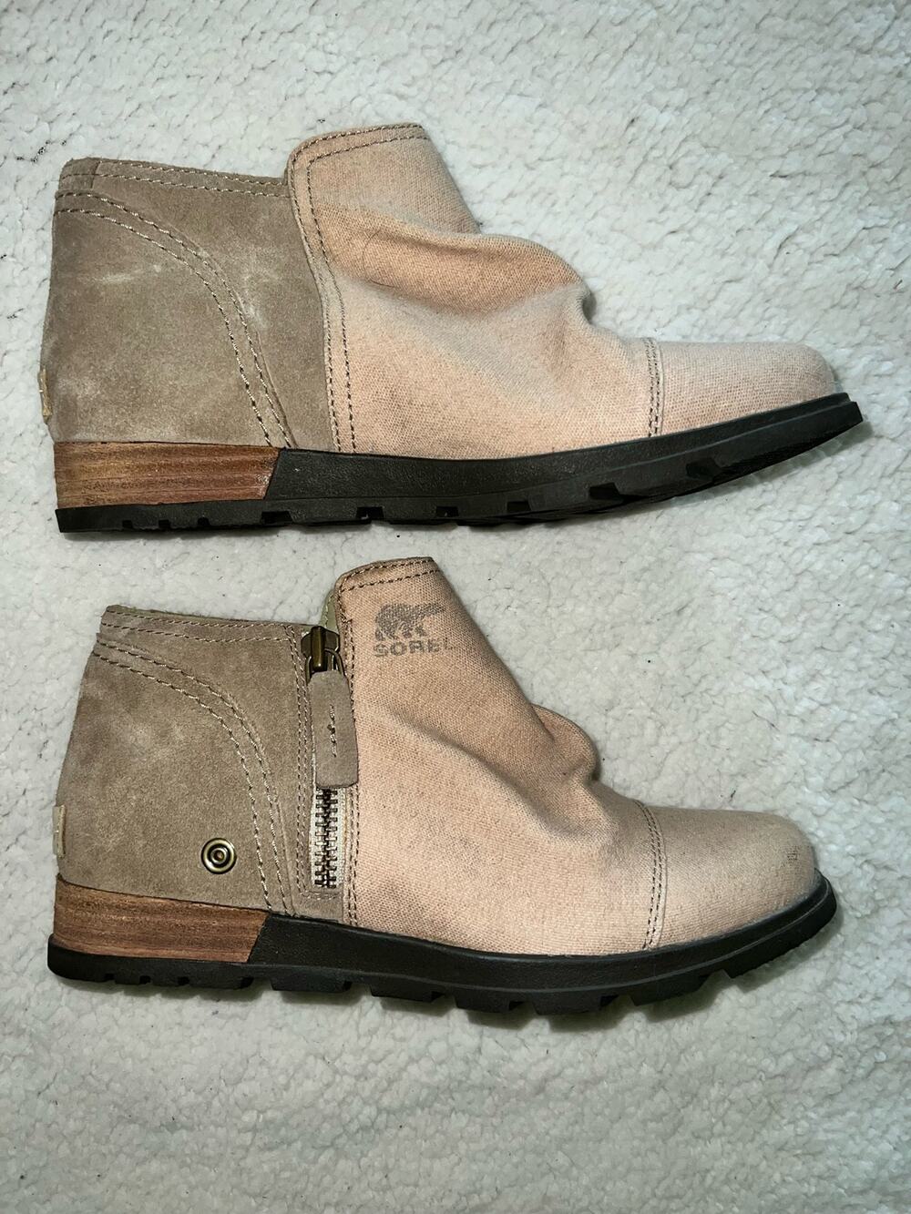 Sorel Major Low Cut Ankle Boots Almond Toe Side Zip Logo Canvas Cream -sz 7.5